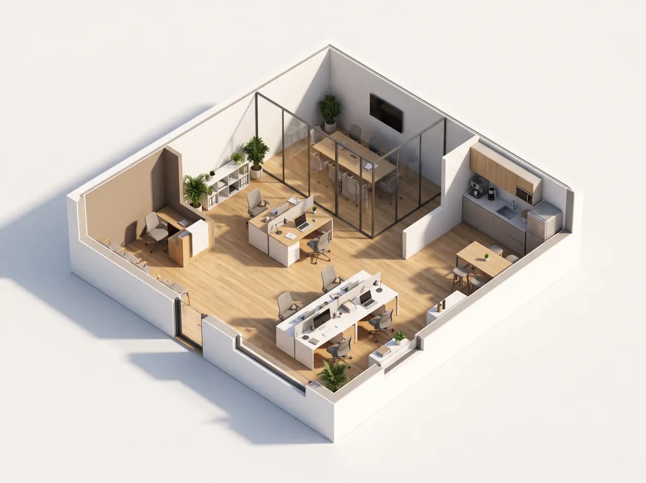 3D office floor plan render with meeting room, pantry and desks