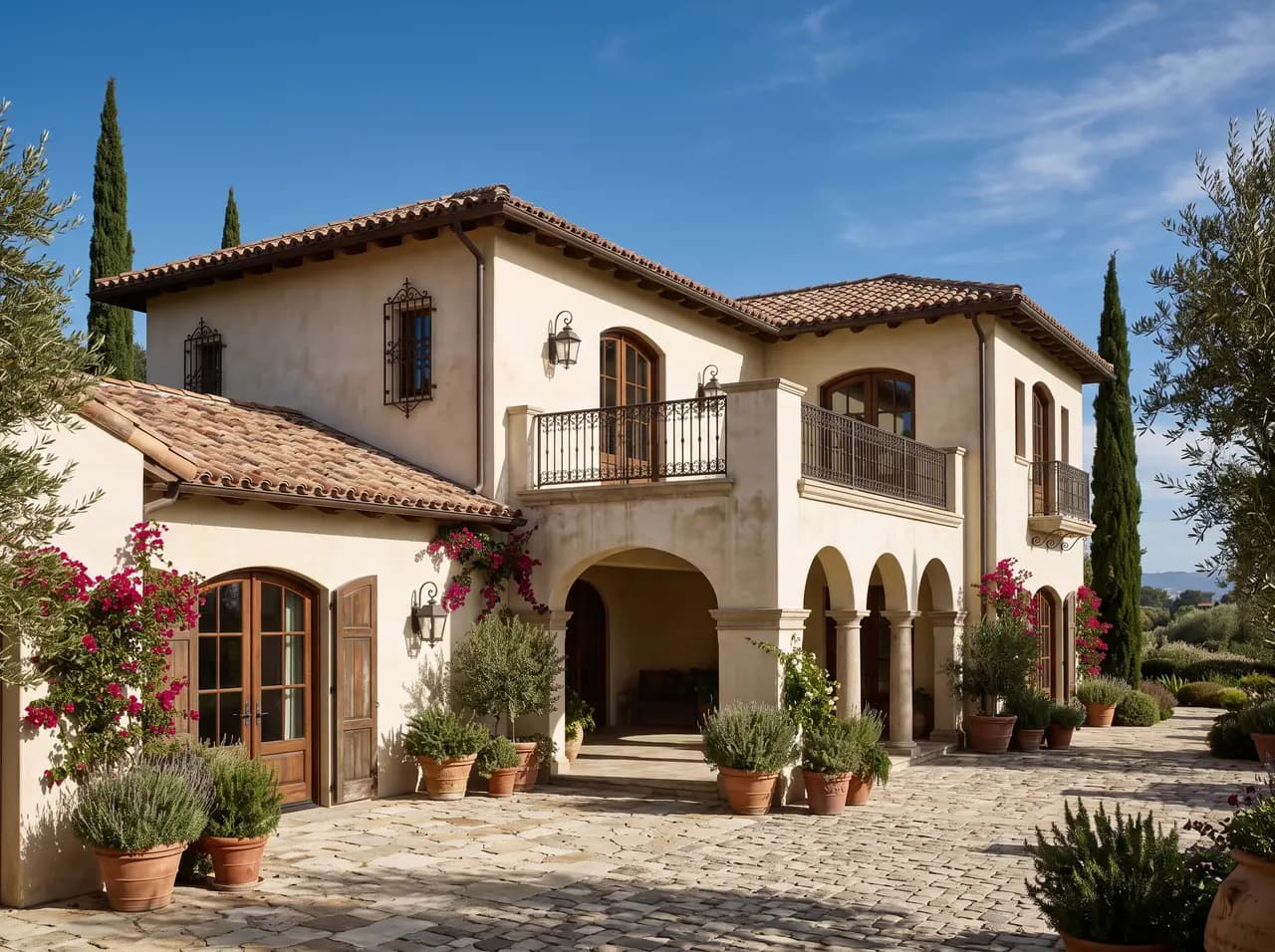 Mediterranean style house with stucco walls, terracotta roof and arched loggia
