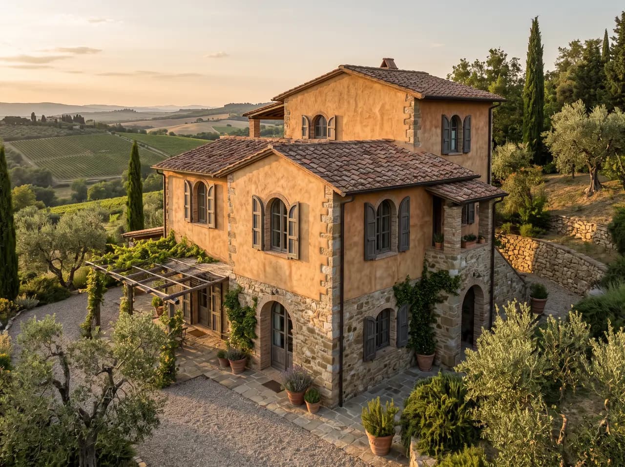 Tuscan style villa in ochre stucco with olive trees and vineyard hills