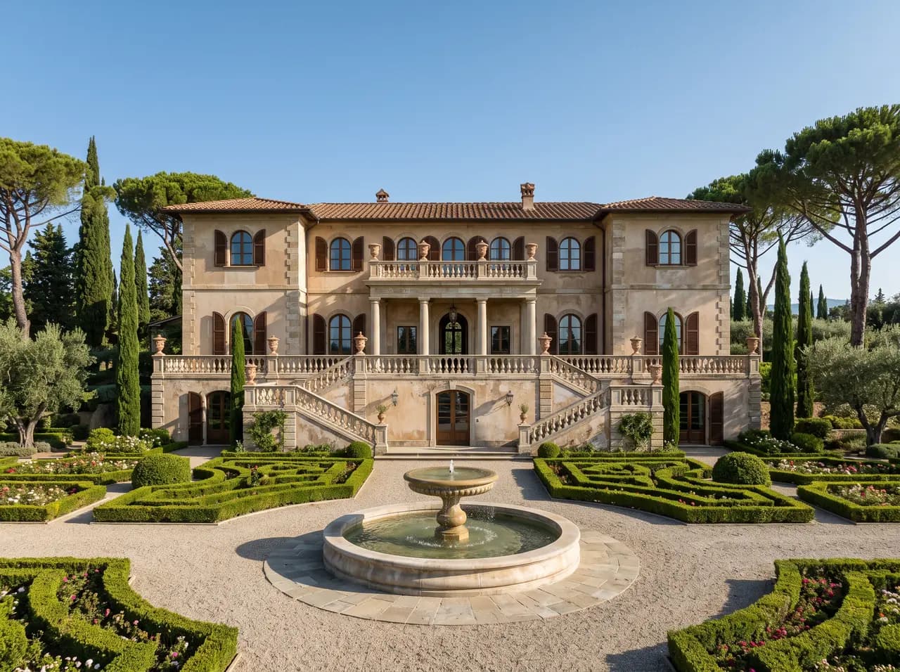 Italian style villa with balustrade terrace, columns and formal gardens