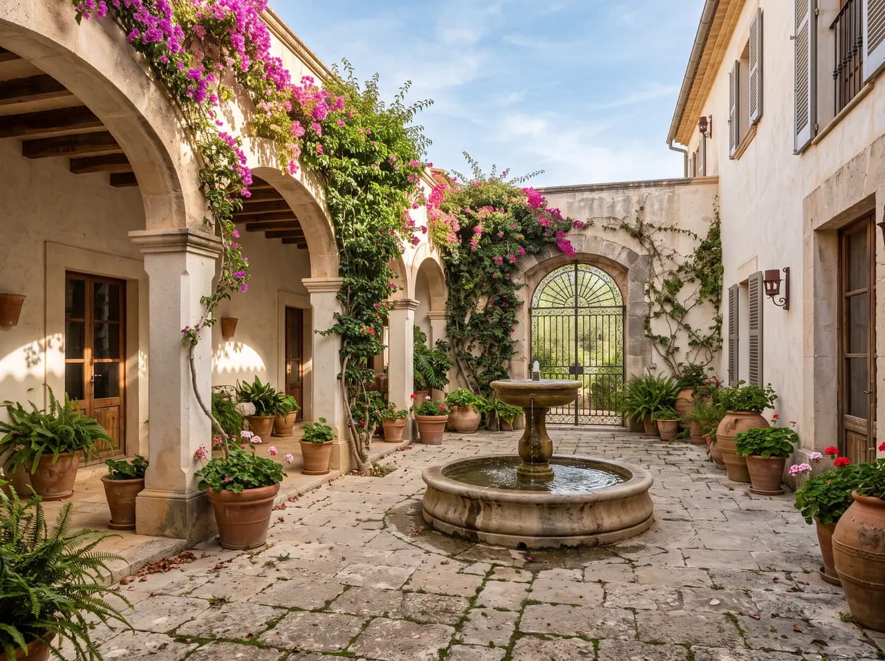 Mediterranean courtyard with arched colonnade, fountain and wrought iron gate
