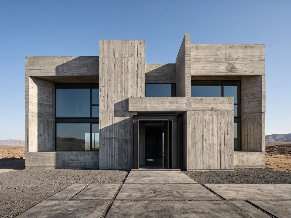 Brutalist house exterior in board-formed concrete with deep recessed glazing and hard shadows