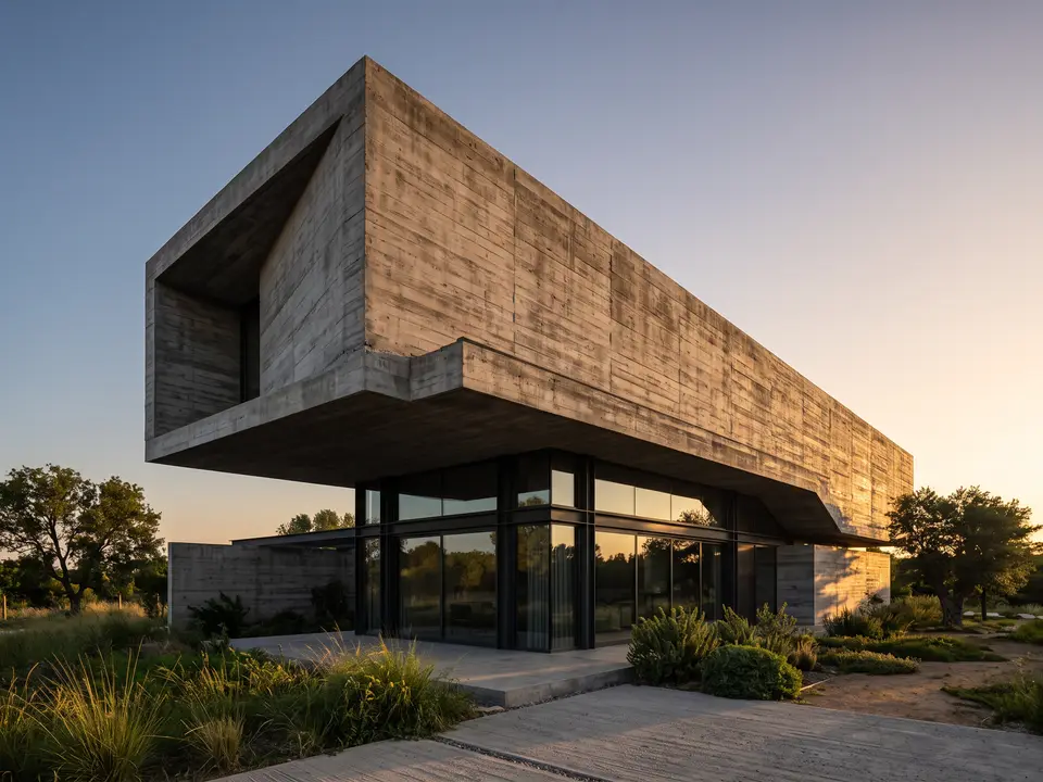 Brutalist house with cantilevered concrete volume over glass ground floor at sunset