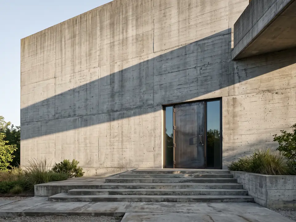 Brutalist house entrance with massive concrete wall, steel door and concrete steps