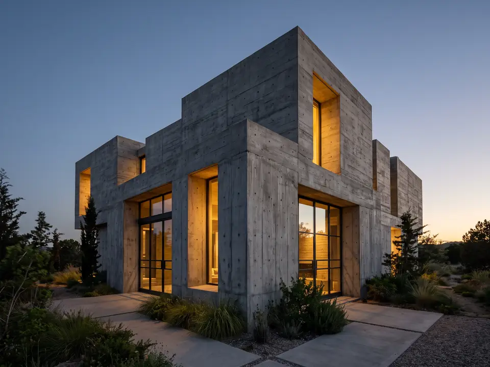 Brutalist house at dusk with warm light from deep slot windows in raw concrete